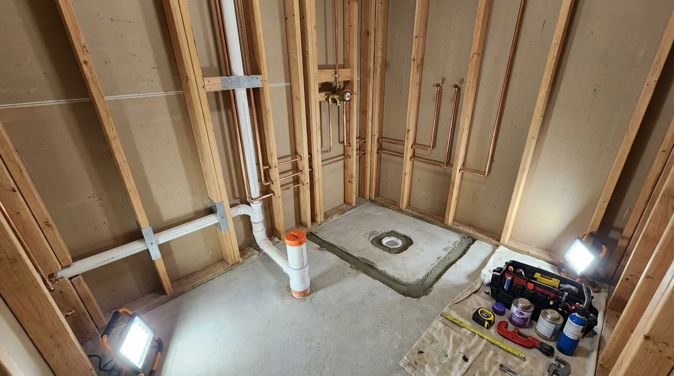 Bathroom rough-in plumbing during remodel by Johns Plumbing LLC in Chimayo