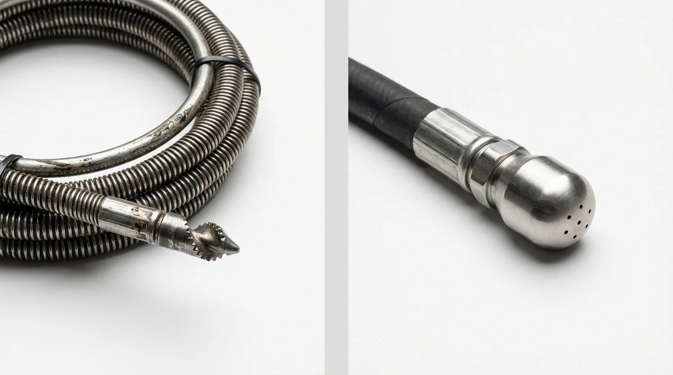 Drain snake cable and hydro jetting nozzle used for drain cleaning in Chimayo, NM