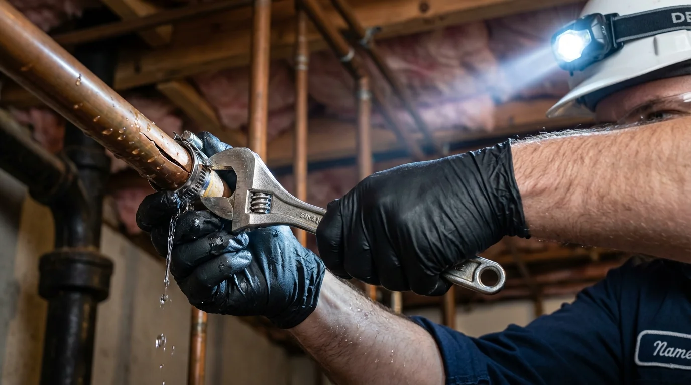 Emergency pipe clamp repair being performed by a Johns Plumbing LLC plumber in Chimayo