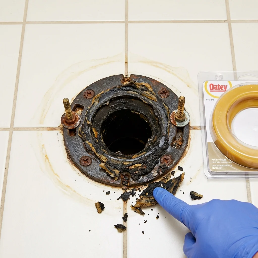 Failed wax ring showing water seepage at the base of a toilet in a Chimayo, NM home