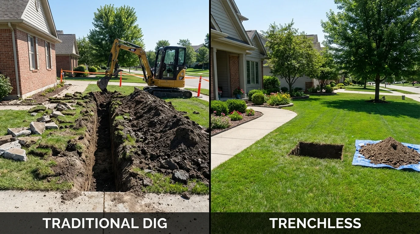 Trenchless sewer repair with minimal yard damage versus traditional excavation in Chimayo, NM