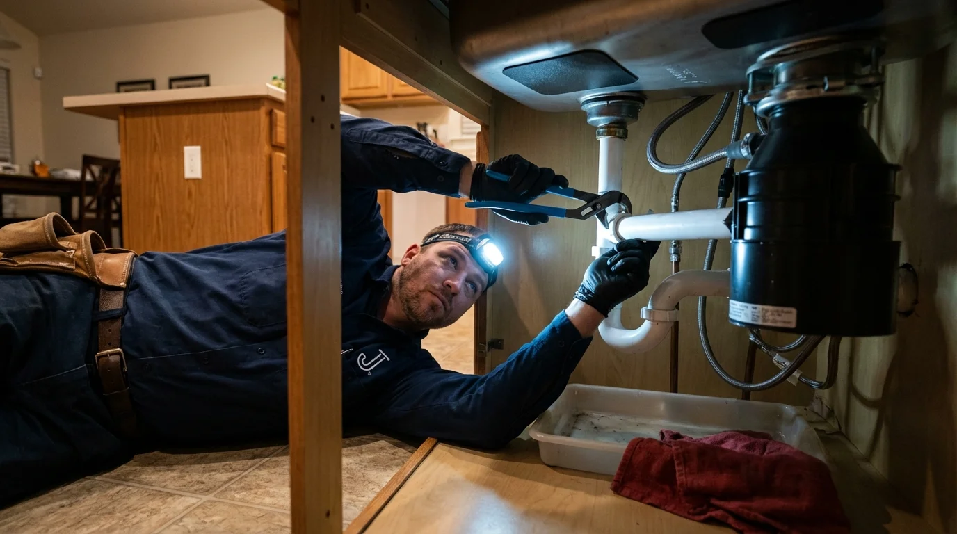 P-trap and supply line connections under a kitchen sink showing a common leak point in Chimayo, NM